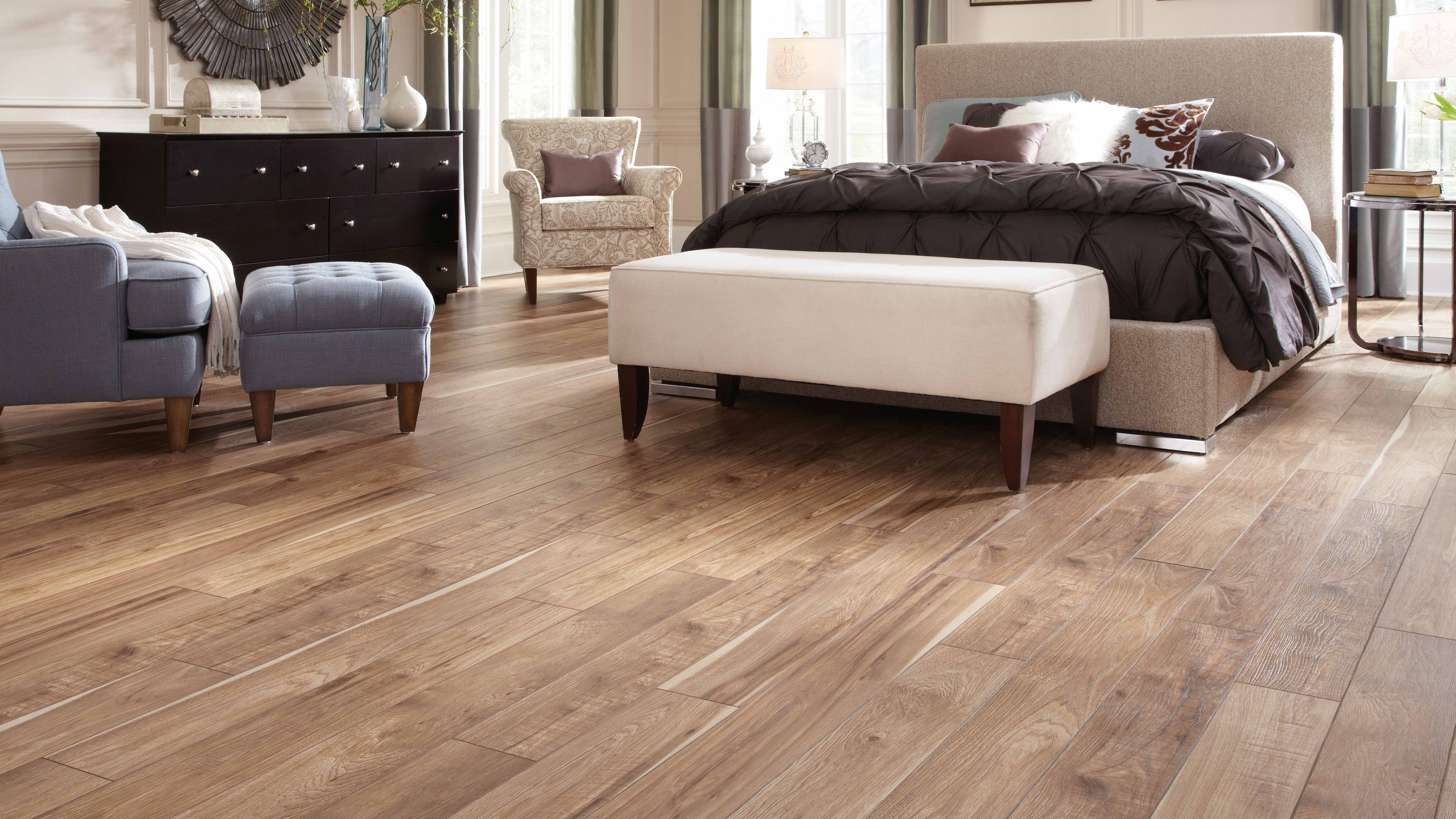 Laminate floors in a bedroom.